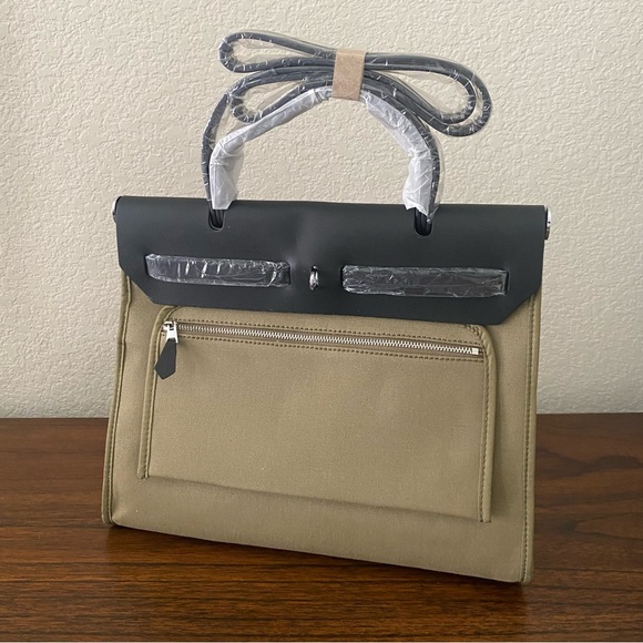 Black Olive Green Canvas Leather 31 CM Bag Convertible Crossbody Satchel B9 - Picture 7 of 16